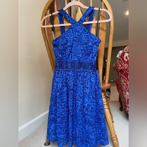I.N. blue glitter lace floral halter neck padded mini dress
